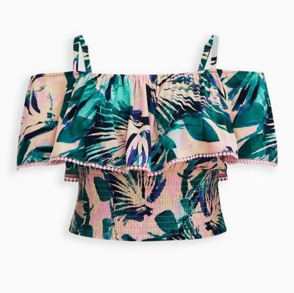Torrid Crinkle Gauze Cold Shoulder Tropical Ruffle Top - Picture 4 of 10